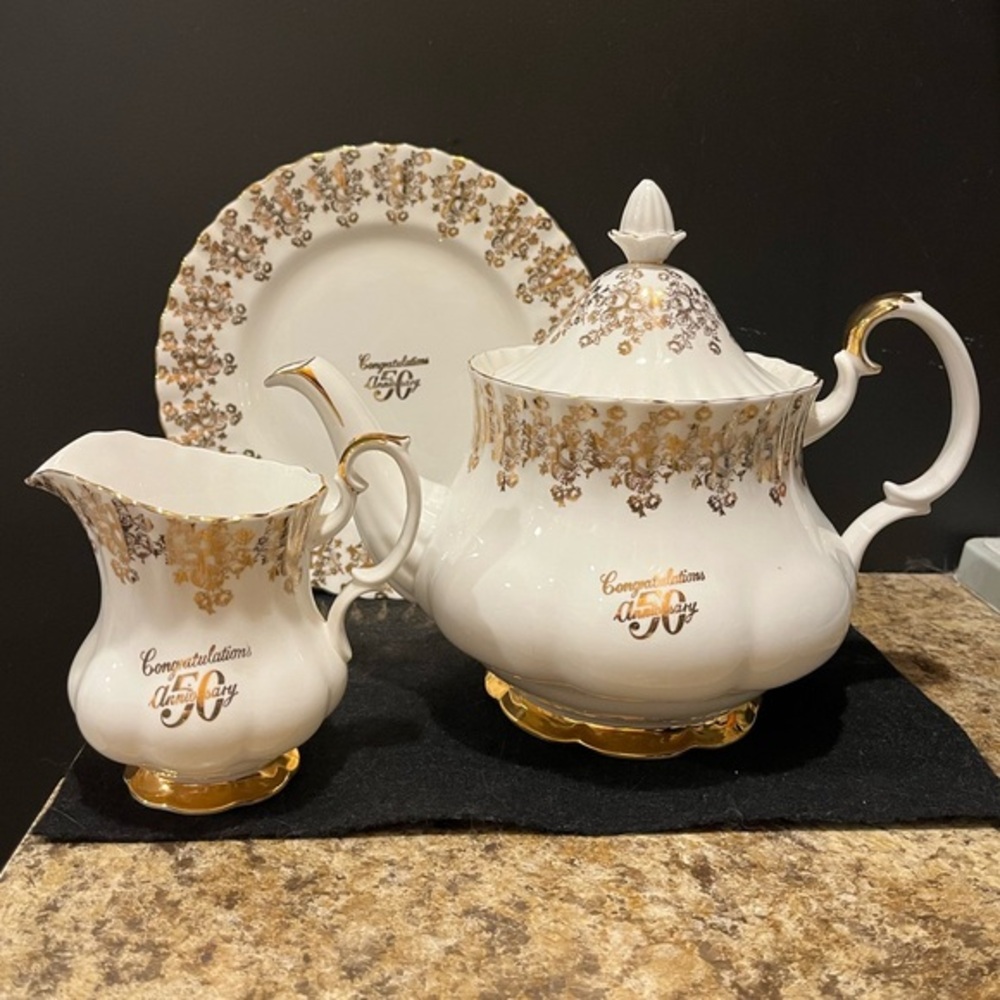 Vintage Royal Albert 50th Anniversary 6 C Teapot, Creamer and Plate, England